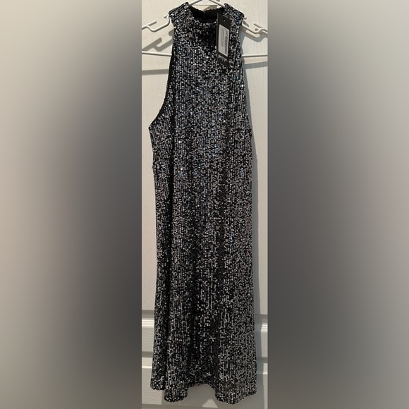 NWT Nasty Gal High Neck Halter Mini Shift Dress in Black w Mini Silver Sequins - Picture 2 of 10